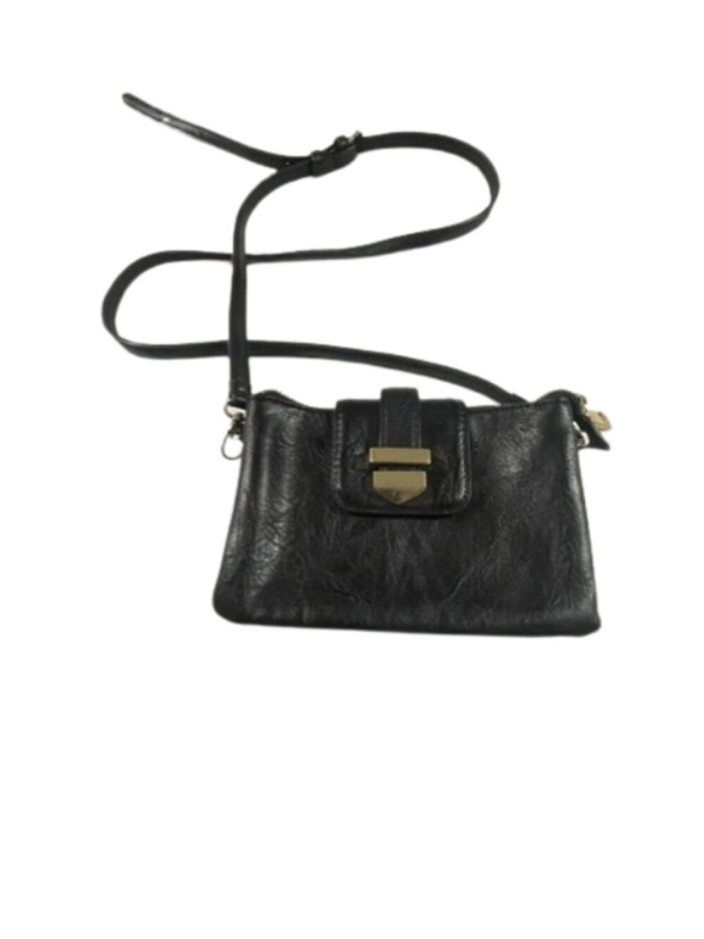 Madison West black vegan leather crossbody bag features a gold-tone clasp